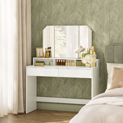 Vasagle – Coiffeuse blanche avec miroir 3 volets – 2 tiroirs et 3 compartiments de rangement – Dimensions 100 x 40 x 142 cm – Panneaux mélaminés
