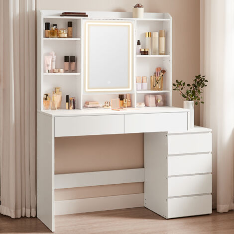 Vasagle – Coiffeuse moderne avec grand miroir LED – 7 compartiments ouverts – 6 tiroirs – Étagères réglables – Dimensions 40 x 117,5 x 145 cm