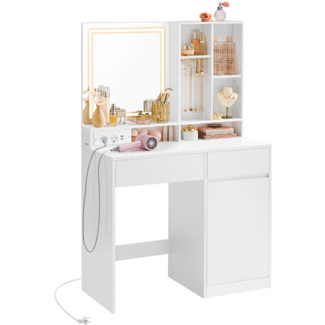 Vasagle – Coiffeuse moderne avec miroir et lumière – 90 cm de largeur – 2 tiroirs et étagères réglables – Prises AC et USB intégrées – Rangement pour bijoux