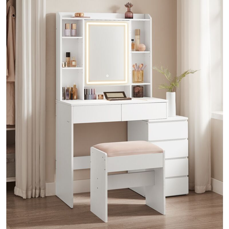 VASAGLE Coiffeuse, Grand Miroir LED à Luminosité Réglable, Table de Maquillage avec Miroir, Compartiments Ouverts, Tabouret, Étagères Réglables,