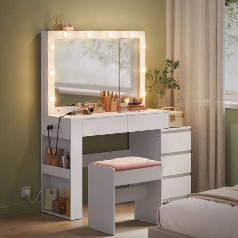 Vasagle – Coiffeuse moderne avec miroir éclairé – Armoire à bijoux et tiroirs – Dimensions 40 x 125 x 140 cm – Blanc nuage et rose bonbon