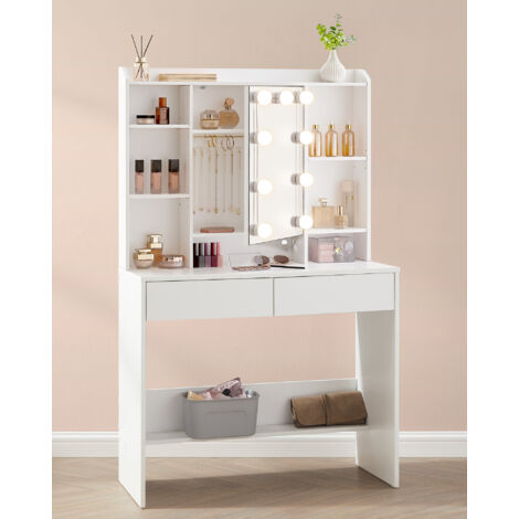 Vasagle – Coiffeuse moderne avec miroir et 9 lumières LED – Luminosité réglable – 2 tiroirs et étagères pour rangement – Dimensions 40 x 90 x 144,7 cm