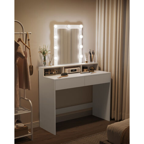 Vasagle – Coiffeuse moderne avec miroir LED – 2 tiroirs et 3 compartiments – Dimensions 100 x 40 x 145 cm – Panneau d’aggloméré blanc