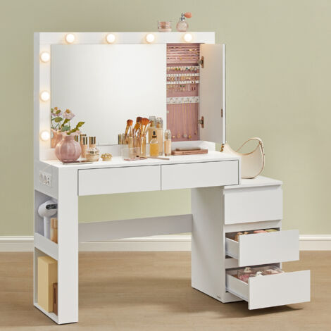 Vasagle – Coiffeuse moderne avec tiroir et miroir LED – Armoire à bijoux intégrée – 40 x 125 x 140 cm – Blanc nuage – Multiprise et ports USB