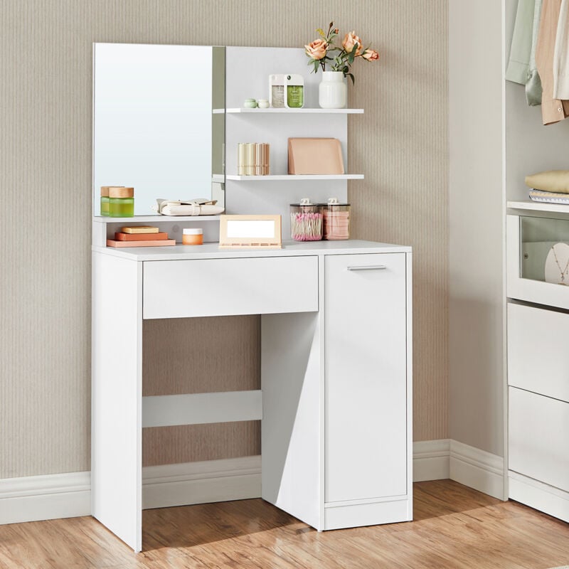 Vasagle - Coiffeuse avec Miroir, 1 tiroir, 2 étagères, sans tabouret, 80 x 40 x 132 cm, Placard de Rangement, Organisateur de Maquillage, Blanc