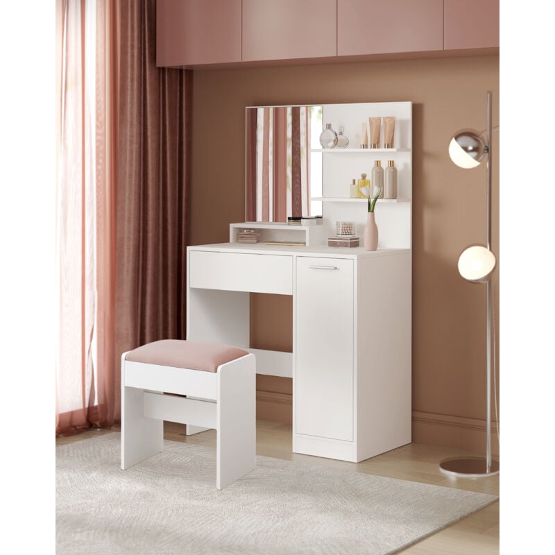 Vasagle - Coiffeuse, Tabouret de Coiffeuse, Table de Maquillage avec Miroir, 2 Étagères Ajustables Derrière la Porte et 1 Tiroir, Blanc et Blanc