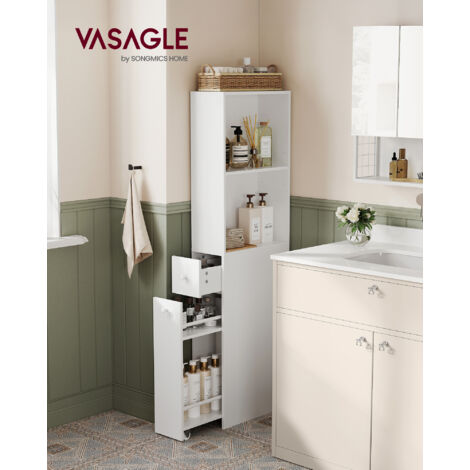 VASAGLE Colonne avec Tiroirs et Étagère Réglable, 18 x 40 x 134,4 cm (L x P x H), Style Moderne, Meuble de Salle de Bain Haut, Blanc Classique