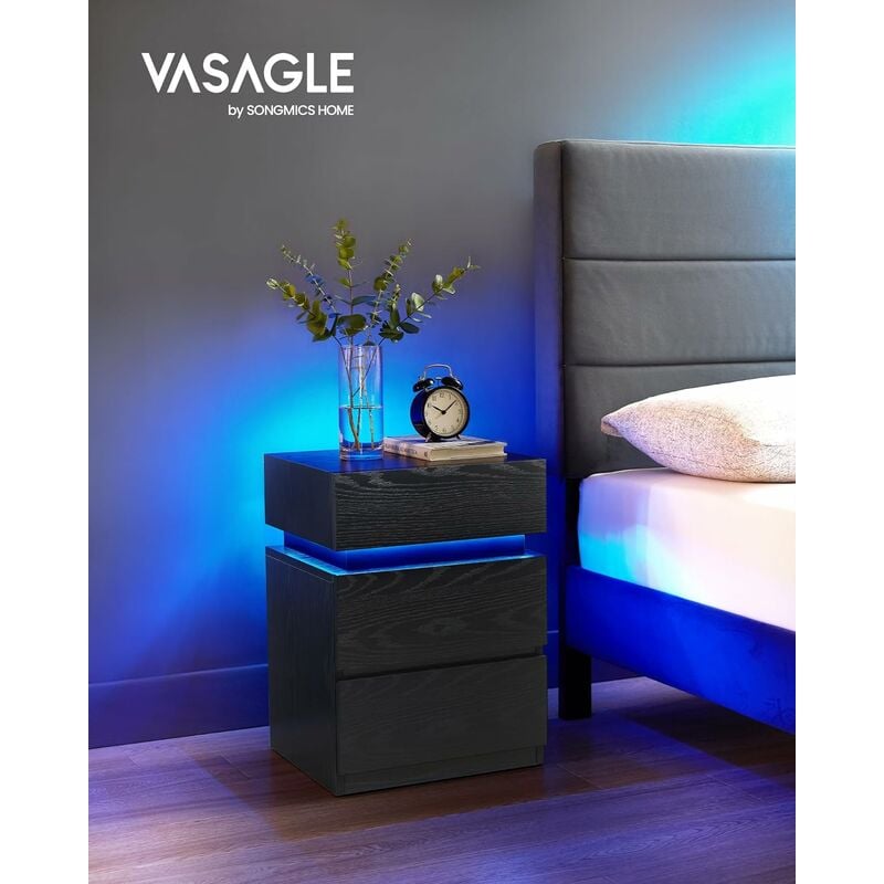 Vasagle Comodino con Striscia Luminosa di Luci a led Multicolore Variabile, 3 Cassetti, Tavolino in Stile Moderno, 35 x 40 x 55 cm, Nero Effetto Legno