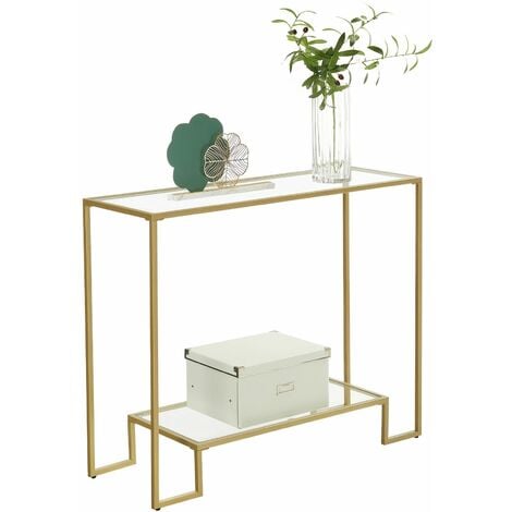 VASAGLE Consolle, Tavolo da Ingresso, 2 Ripiani in Vetro Temperato, Struttura in Acciaio, 100 x 35 x 80 cm, per Ingresso Corridoio Soggiorno, Color Oro da SONGMICS
