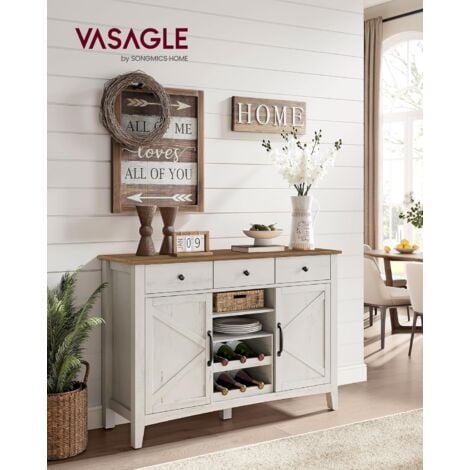 VASAGLE Credenza Cucina, Mobiletto con Cassetto, Mobile con Ante e Ripiano Regolabile in Altezza, Stile Farmhouse, per Soggiorno Sala da Pranzo, Bianco Rustico e Noce Medio