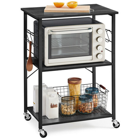 Vasagle – Desserte de cuisine à roulettes – Chariot 3 niveaux – Support micro-ondes et four – Cadre métal avec 6 crochets – Noir boisé – Dimensions 40x60x89cm