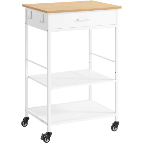 Vasagle – Desserte de cuisine mobile avec tiroir et 2 crochets – 45 x 60 x 90 cm – Acier robuste et panneaux MDF – Beige chêne et blanc mat