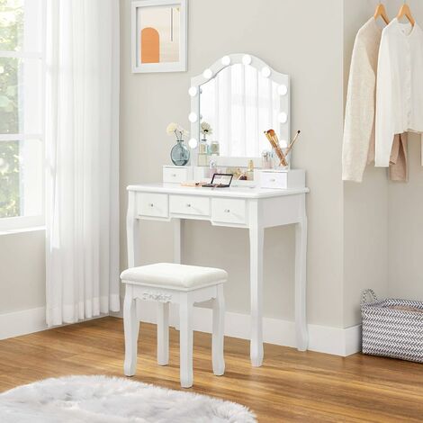 main image of "VASAGLE Dressing Table Set, Makeup Table Set with Cushioned Stool, 10 Dimmable Light Bulbs, 6-Slot Removable Organiser, 5 Drawers, 1 Drawer Divider, Gift Idea, for Bedroom, White RDT191W01 - White"