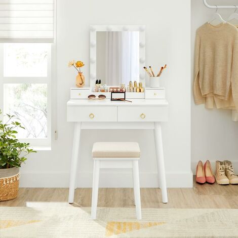 main image of "VASAGLE Dressing Table Set, Makeup Vanity Table with Mirror, 10 Light Bulbs, 3-Slot Removable Organiser, 4 Drawers, Cushioned Stool, for Bedroom, Mid-Century Modern, White RDT192W01 - White"
