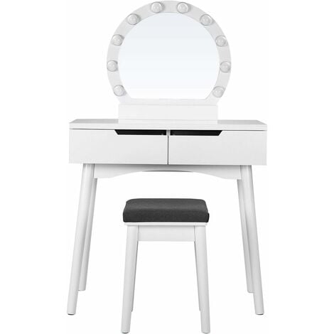 SONGMICS Dressing Table Set with Round Mirror, 2 Large Sliding Drawers, Cushion Stool, White and Natural/White/Black