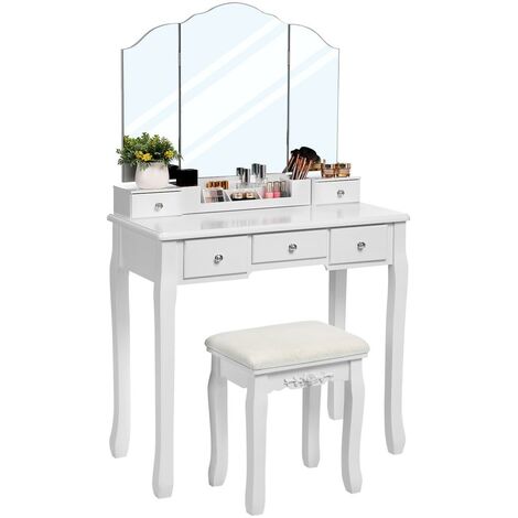 main image of "VASAGLE Dressing Table with Tri-Folding Mirror, Makeup Table with 5 Drawers and 1 Removable Storage Box, Solid Wood Legs, Vanity Table with Stool, White and Natural/White"