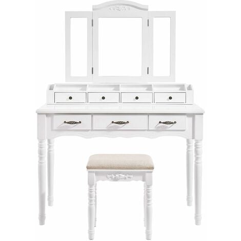 main image of "VASAGLE Dressing table with 7 Drawers, Makeup Table with Tri-Fold Necklace Hooked Mirror, 2 Brush Slots and 4 Open Compartments, Solid Wood Legs, Cushioned Stool, White/Black"