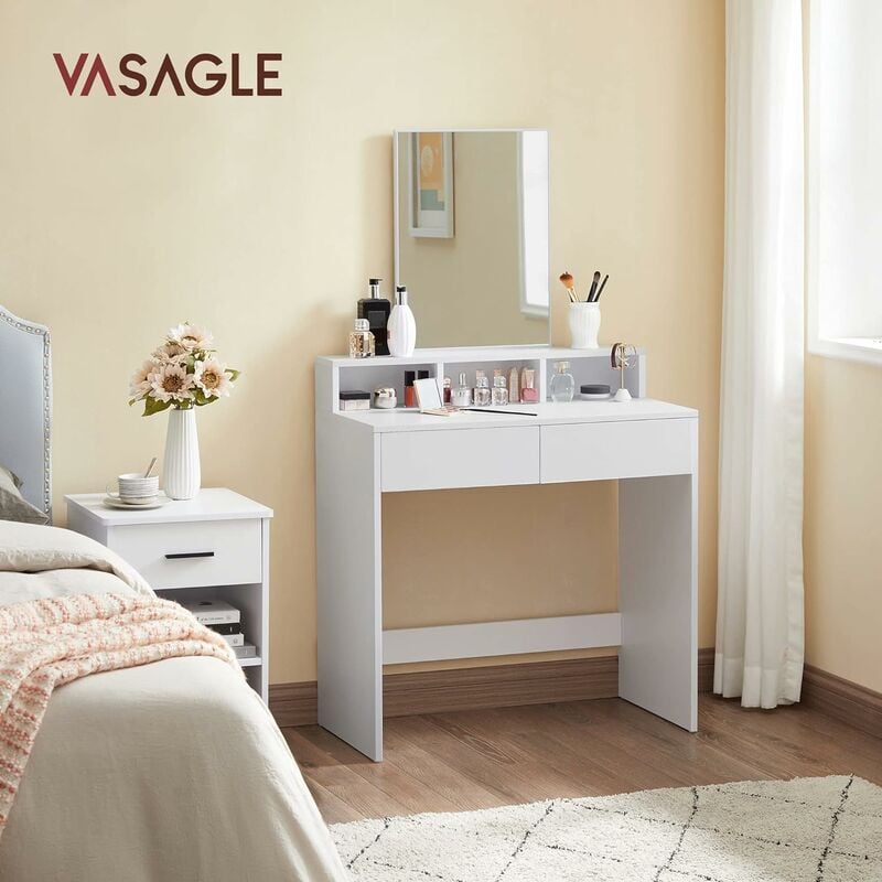 Vasagle Dressing Table With Large Rectangular Mirror Makeup Table With 2 Drawers And 3 Open Compartments Vanity Table Modern Style White By Songmics Rdt113w01