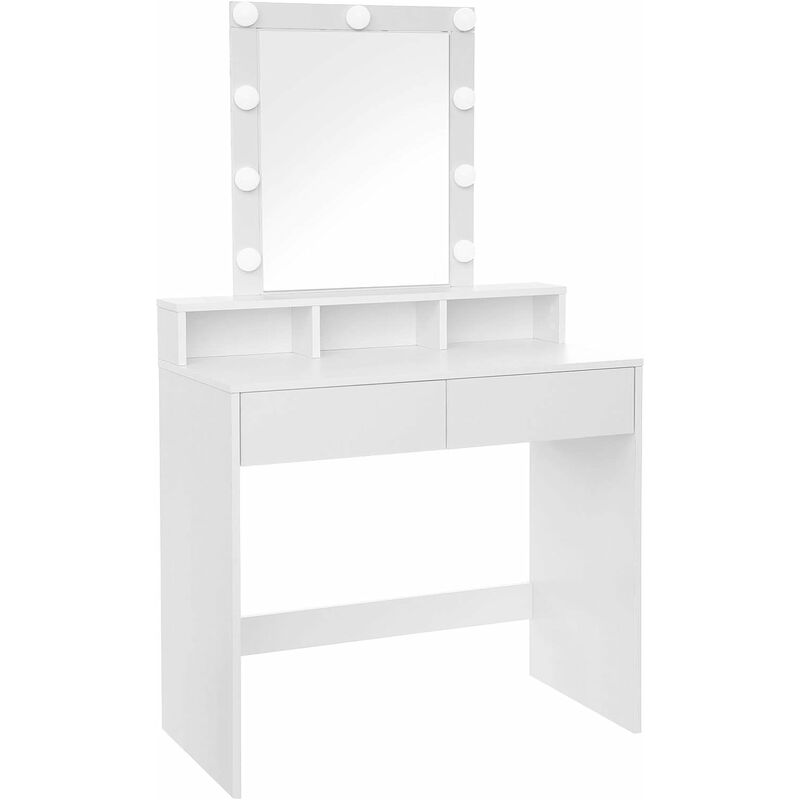 Songmics - vasagle Dressing Table with Mirror and Light Bulbs, Makeup Table with 2 Drawers and 3 Open Compartments, Vanity Table, Modern Style, White
