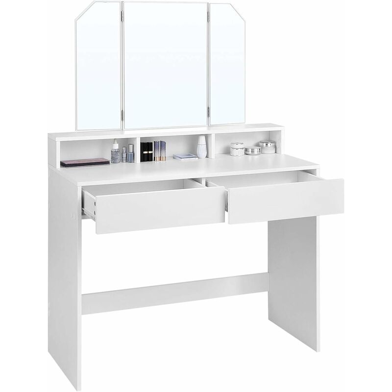 Vasagle Dressing Table with Tri-Fold Mirror, Makeup Table with 2 Drawers and 3 Open Compartments, Vanity Table, Modern Style, White by Songmics