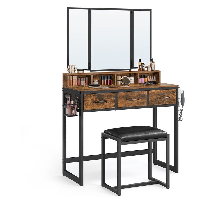 Songmics - Coiffeuse avec tabouret rembourré vasagle - Marron Rustique et Noir - Avec miroir triple - 3 tiroirs - 90 x 40 x 141 cm