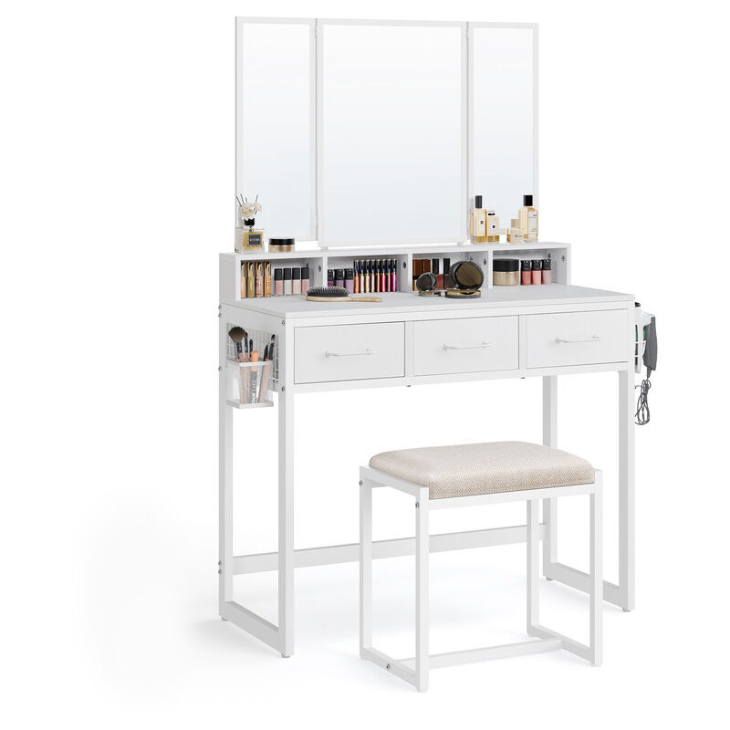 Coiffeuse avec Tabouret, avec Miroir Triple, 3 Tiroirs, 90 x 40 x 141 cm, Porte-sèche-Cheveux, Pot, Style Moderne, Blanc