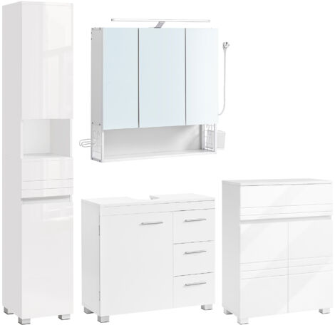 Vasagle – Ensemble de meubles de salle de bain blanc – Meuble sous lavabo 30x70x64cm – Armoire murale avec éclairage – Étagères réglables