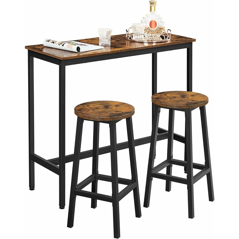 vasagle - ensemble de table et tabourets hauts, table de cuisine avec 2 chaises de bar, pour salle à manger, cadre en acier, style industriel, marron
