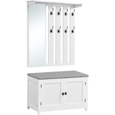Vasagle – Ensemble porte-manteau avec banc à chaussures – Miroir 84,8 x 26 cm – 8 crochets doubles – Étagères ajustables – Largeur 82 cm – Blanc nuage