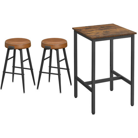 VASAGLE Ensemble Table Haute avec 2 Tabourets de Bar, Table de Bar Carrée, Table de Cuisine, Chaises de Bar, Chaise de Cuisine, avec Revêtement en PU, Montage Facile, Marron Rustique, Marron