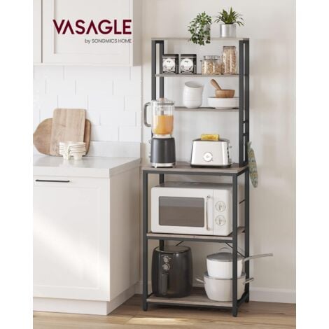 VASAGLE Estantería de Cocina, Estantería de Panadería, 6 Estantes y 6 Ganchos, para Microondas, Marco de Acero, Industrial, 40 x 60 x 167 cm, Gris y Negro