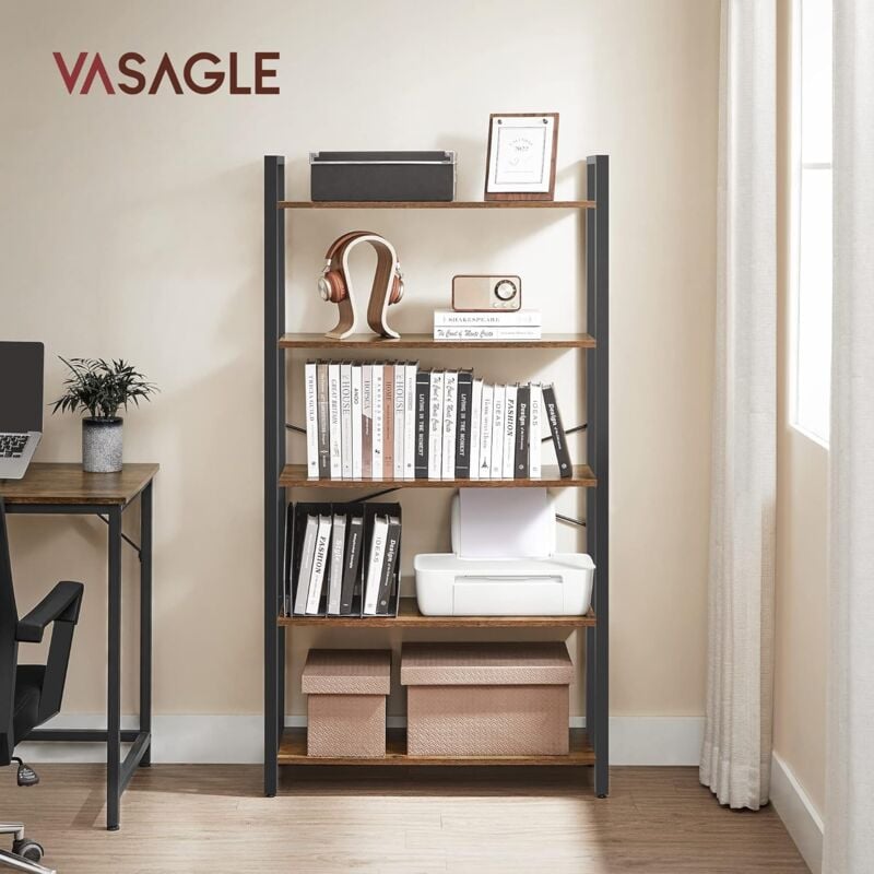Songmics - tagère à 5 Niveaux, Bibliothèque, Meuble de Rangement, avec Sructure en Acier, pour Salon, Bureau, Entrée, Style Industriel, Marron