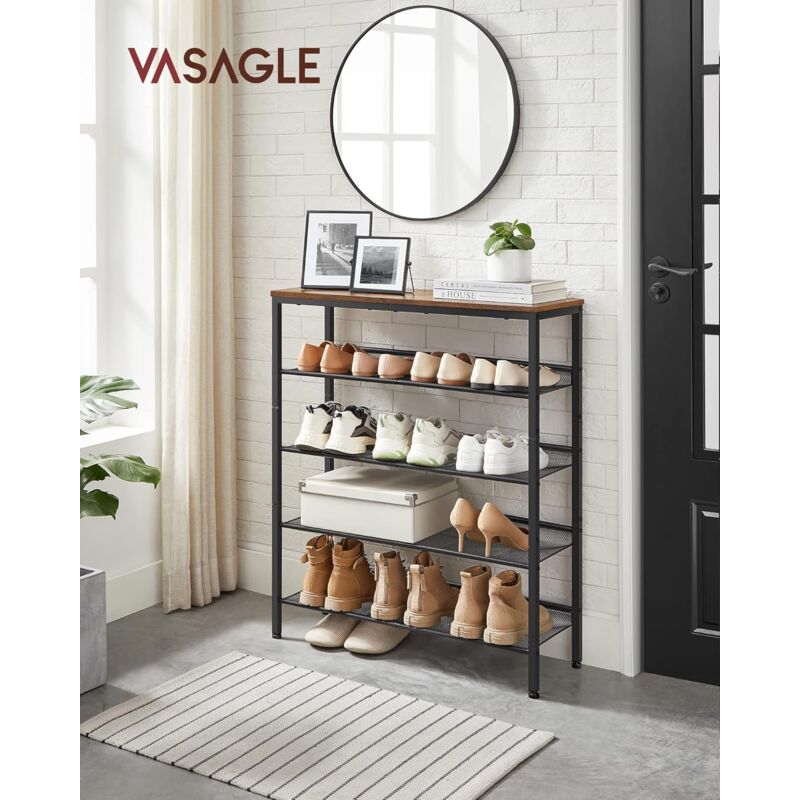 Vasagle - tagère Chaussure 5 Niveaux, Porte-Chaussures, Range-Chaussures, avec 4 Étagères Grillagées, 1 Grand Dessus pour Sacs, pour Entrée, en