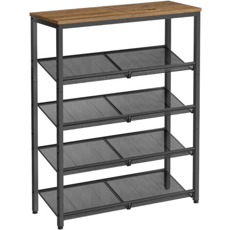 VASAGLE Étagère Chaussure 5 Niveaux, Porte-chaussures, avec Étagères Grillagées Réglables, Gain de Place, pour Entrée, Couloir, en Métal, Industriel, Marron Miel et Noir d'Encre
