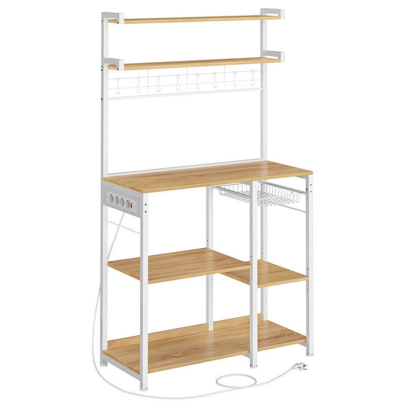 Tagère Cuisine avec Multiprise, Support pour Micro-ondes, Bar à Café, 4 Prises ca, Étagères Réglables, 8 Crochets en s, Panier, Porte-épices, Blanc