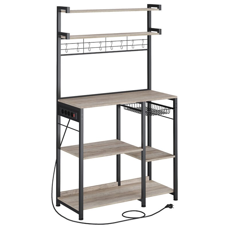 Tagère Cuisine avec Multiprise, Support pour Micro-ondes, Bar à Café, 4 Prises ca, Étagères Réglables, 8 Crochets en s, Panier, Porte-épices, Grège