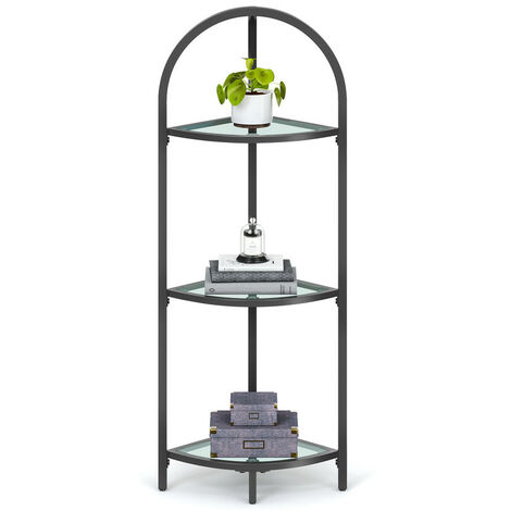 VASAGLE Étagère d’Angle, Étagère de Rangement 3 Niveaux, Verre Trempé, Porte-plantes, Cadre en Acier, Bibliothèque Moderne, 28 x 28 x 95,2 cm, Salon, Chambre, Salle de bain, Noir Classique