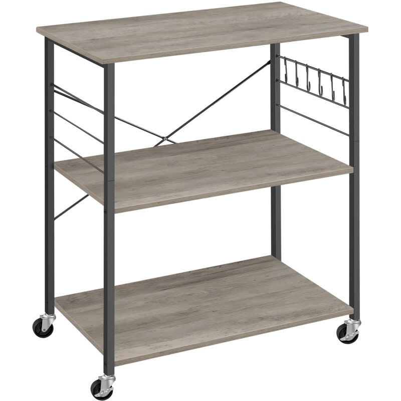 Vasagle - tagère de Cuisine à Roulettes, Chariot à 3 Niveaux, Support pour Micro-Ondes, Four, Grille-Pain, Cadre Métallique avec 6 Crochets, Grège