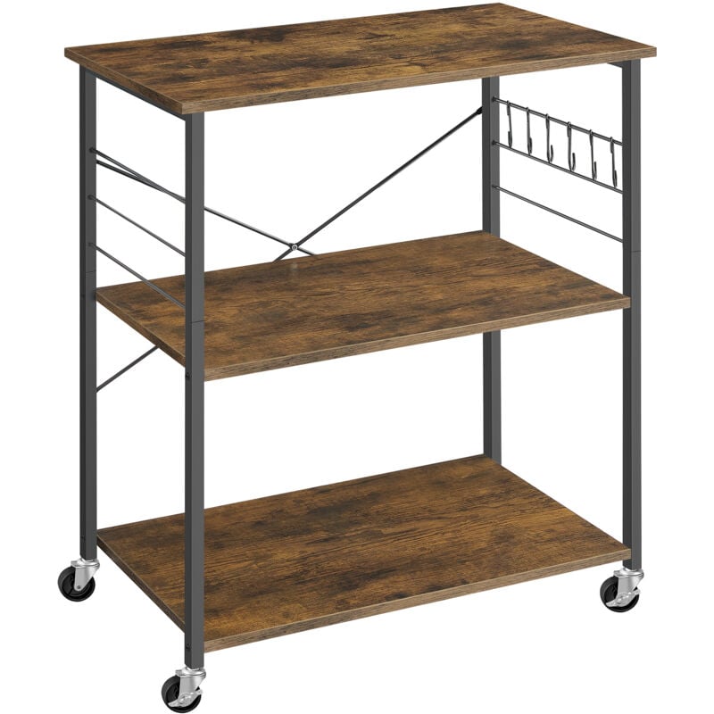 Vasagle - tagère de Cuisine à Roulettes, Chariot à 3 Niveaux, Support pour Micro-Ondes, Four, Grille-Pain, Cadre Métallique avec 6 Crochets, Marron