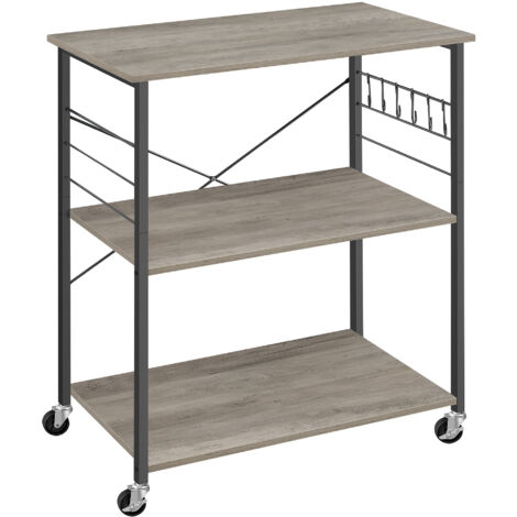 VASAGLE Étagère de Cuisine à Roulettes, Chariot à 3 Niveaux, Support pour Micro-Ondes, Four, Grille-Pain, Cadre Métallique avec 6 Crochets, Grège Chiné et Noir