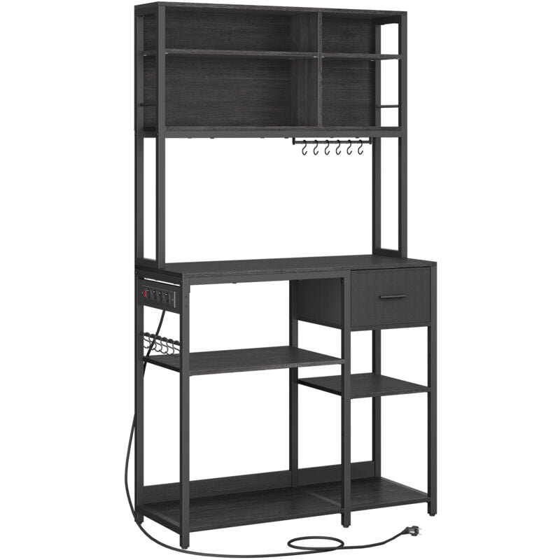 Vasagle - tagère de Cuisine avec Multiprise, Bar à Café avec Étagères Réglables, Tiroir en Tissu, 12 Crochets, 40 x 100 x 180,4 cm, Support pour