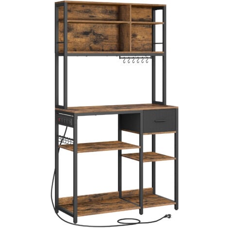 VASAGLE Étagère de Cuisine avec Multiprise, Bar à Café avec Étagères Réglables, Tiroir en Tissu, 12 Crochets, 40 x 100 x 180,4 cm, Support pour Micro-ondes, Marron Rustique et Noir d'Encre