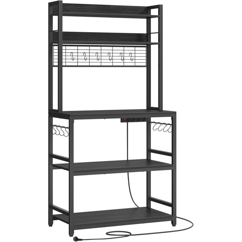 Tagère de Cuisine avec Multiprise, Support pour Micro-Ondes, Étagère de Rangement, avec Panneau Grillagé, 14 Crochets, 40 x 80 x 170 cm, Noir