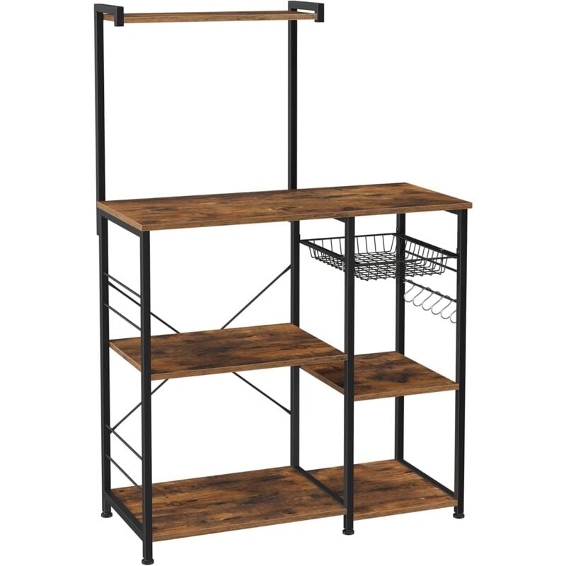 VASAGLE Étagère de Cuisine, Support pour Four à Micro-Ondes, avec Panier en Fils métalliques, 6 Crochets en S, Rangement pour épices, Pots,