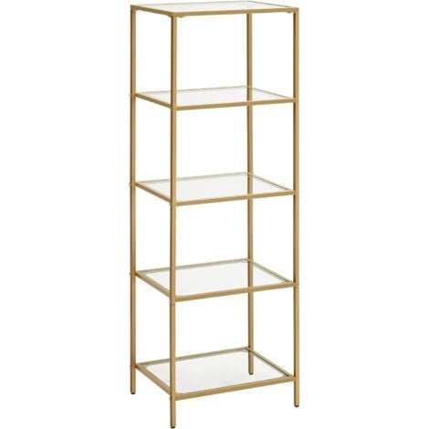 VASAGLE Étagère en Verre à 5 Niveaux, Bibliothèque, Étagère de Rangement, Verre Trempé, Facile à Monter, pour Salle de Bain, Salon, Chambre, Bureau, Doré