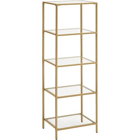 Vasagle – Étagère en verre trempé 5 niveaux – Acier doré – Dimensions 40x30x124,5 cm – Charge max 10 kg par étagère – Montage facile pour salle de bain et salon