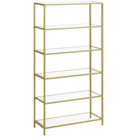 Vasagle – Étagère en verre trempé 6 niveaux – Structure dorée métallique – Dimensions 30 x 80 x 177,3 cm – Charge max 14 kg par niveau