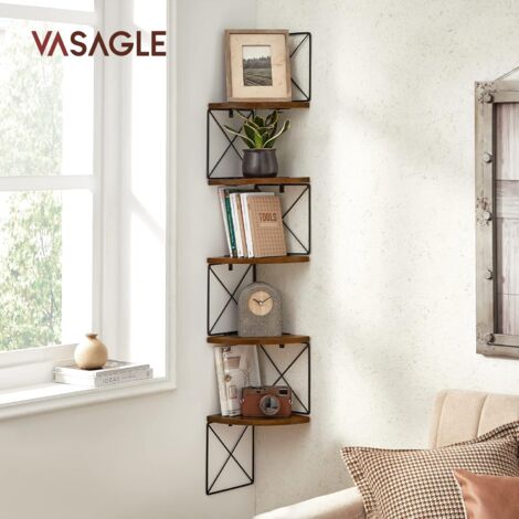 Vasagle – Étagère murale d'angle 5 niveaux – Dimensions 20 x 20 x 127,5 cm – Panneau d’aggloméré et acier – Charge max 6 kg par niveau – Marron rustique et noir