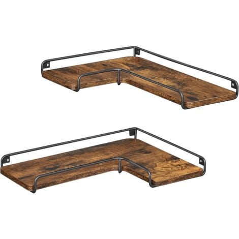VASAGLE Étagère Murale en Forme de L, Lot de 2, Étagère d’Angle Suspendue, Tablette Flottante, Style Industriel, pour Salon, Chambre, Cuisine, Marron Rustique et Noir