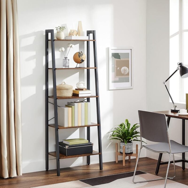 songmics - vasagle etagere vintage en escalier, bibliotheque a 5 niveaux, rangement, avec cadre metallique, pour salon, cuisine, vintage, noire, par